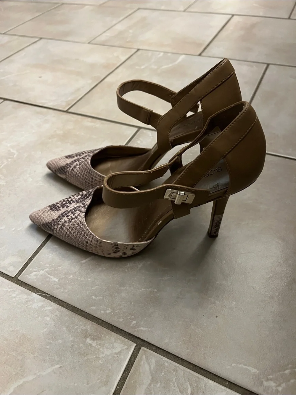 BCBGeneration Brown & Tan Snake-Print Pointed Ankle-Strap Heels